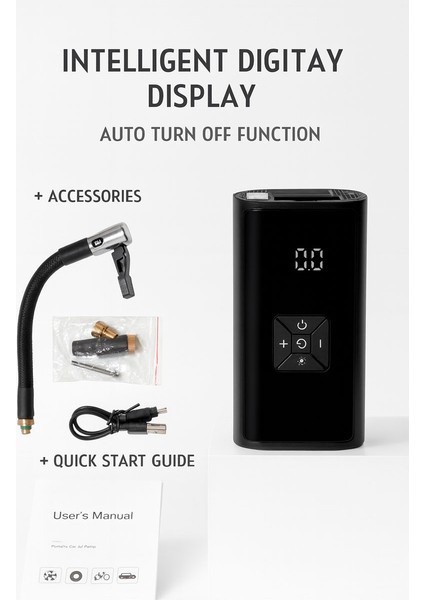 EG-216 | Taşınabilir Dijital Hava Kompresörü | 150 Psı | LED Işıklı | Otomatik Durdurma | USB Şarjlı | Araba-Bisiklet-Motosiklet-Top Için Uygun modelleri