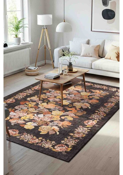 Florart Siyah Vintage Dokulu Gül Desenli Dokuma Tabanlı Çiçekli Şönil Halı Al 484
