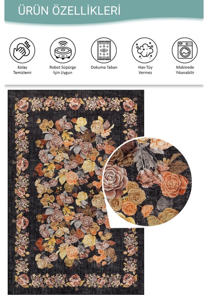 Florart Siyah Vintage Dokulu Gül Desenli Dokuma Tabanlı Çiçekli Şönil Halı Al 484 fırsatları