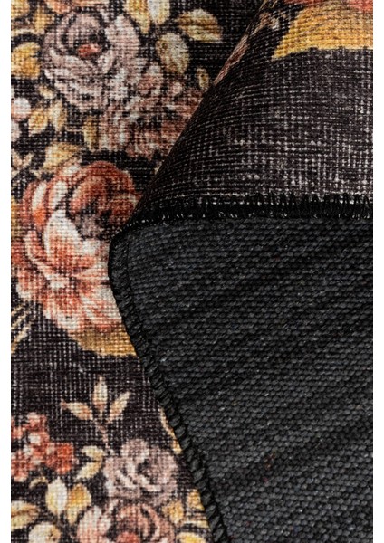 Florart Siyah Vintage Dokulu Gül Desenli Dokuma Tabanlı Çiçekli Şönil Halı Al 484 indirimleri