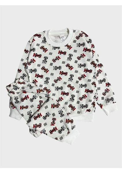 Erkek Çocuk Pamuklu Beyaz Yarış Arabası Desenli Uzun Kollu Mevsimlik Pijama Takımı
