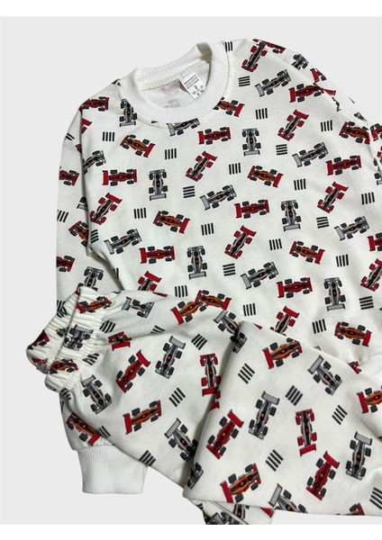 Erkek Çocuk Pamuklu Beyaz Yarış Arabası Desenli Uzun Kollu Mevsimlik Pijama Takımı fiyatları