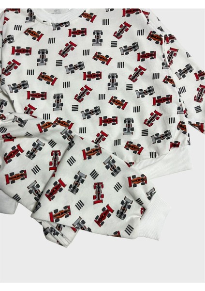 Erkek Çocuk Pamuklu Beyaz Yarış Arabası Desenli Uzun Kollu Mevsimlik Pijama Takımı modelleri
