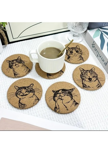 6 Adet Whimsycat Oyma Mantar Kıyıkları, Komik Kedi Ifade Içecek Pedleri