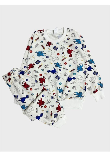 Erkek Çocuk Pamuklu Beyaz Dinozor Araba Desenli Uzun Kollu Mevsimlik Pijama Takımı