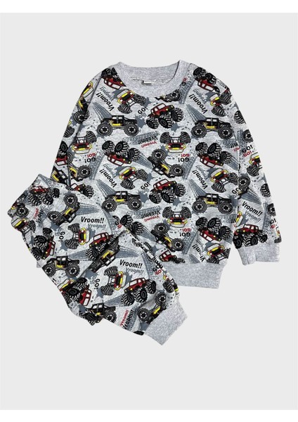 Erkek Çocuk Pamuklu Gri Arazi Aracı Jeep Desenli Uzun Kollu Mevsimlik Pijama Takımı
