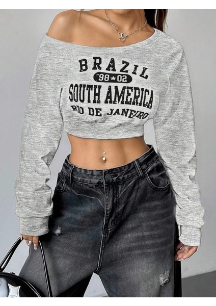 Kadın Gri Brazil South America Baskılı Omzu Açık Crop Sweatshirt indirimleri