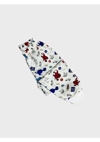 Erkek Çocuk Pamuklu Beyaz Dinozor Araba Desenli Uzun Kollu Mevsimlik Pijama Takımı indirimleri