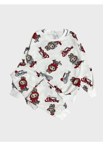 Erkek Çocuk Pamuklu Beyaz Labubu Desenli Uzun Kollu Mevsimlik Pijama Takımı