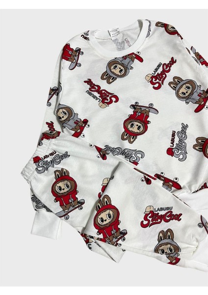 Erkek Çocuk Pamuklu Beyaz Labubu Desenli Uzun Kollu Mevsimlik Pijama Takımı modelleri
