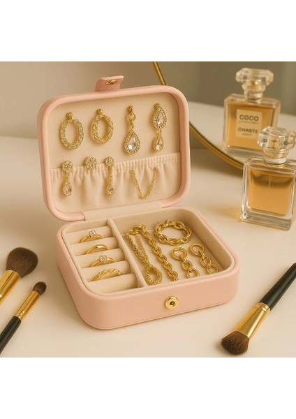 Deri Mini Baklava Desenli Seyahat Takı Bijuteri Mücevher Kutusu Organizer Düzenleyici 11,5cm Pembe Ithal Ürün