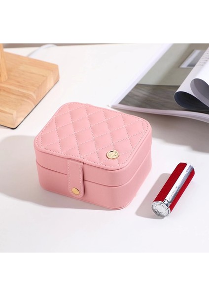Deri Mini Baklava Desenli Seyahat Takı Bijuteri Mücevher Kutusu Organizer Düzenleyici 11,5cm Pembe Ithal Ürün fırsatları