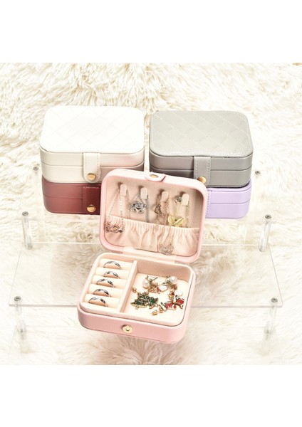 Deri Mini Baklava Desenli Seyahat Takı Bijuteri Mücevher Kutusu Organizer Düzenleyici 11,5cm Pembe Ithal Ürün