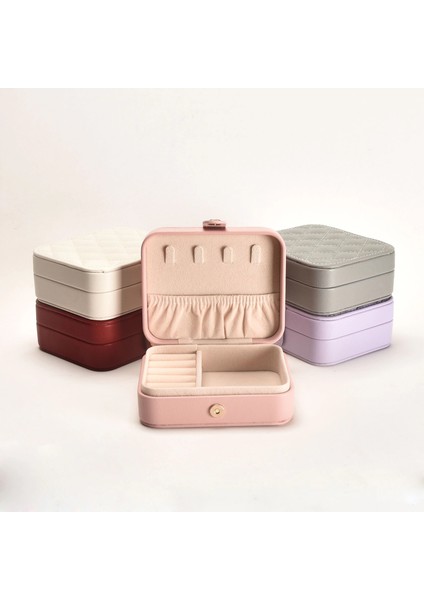 Deri Mini Baklava Desenli Seyahat Takı Bijuteri Mücevher Kutusu Organizer Düzenleyici 11,5cm Pembe Ithal Ürün