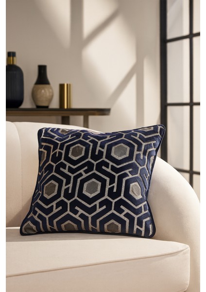 Desenli Kadife Kırlent Kılıfı Lacivert 45X45