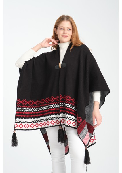 Geometrik Desenli Dokuma Triko Panço, Deri Detaylı Püsküllü Kadın Dış Giyim