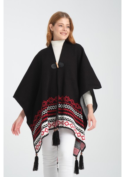 Geometrik Desenli Dokuma Triko Panço, Deri Detaylı Püsküllü Kadın Dış Giyim fiyatları