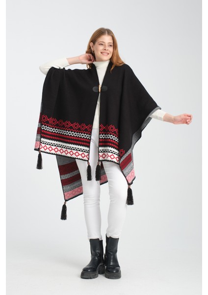 Geometrik Desenli Dokuma Triko Panço, Deri Detaylı Püsküllü Kadın Dış Giyim modelleri