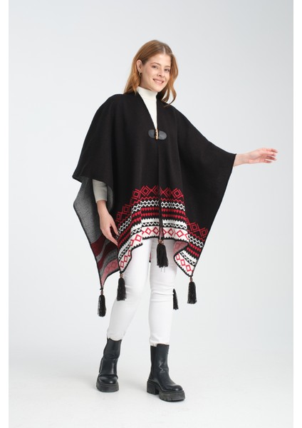 Geometrik Desenli Dokuma Triko Panço, Deri Detaylı Püsküllü Kadın Dış Giyim fırsatları