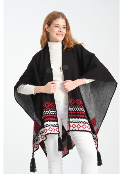 Geometrik Desenli Dokuma Triko Panço, Deri Detaylı Püsküllü Kadın Dış Giyim