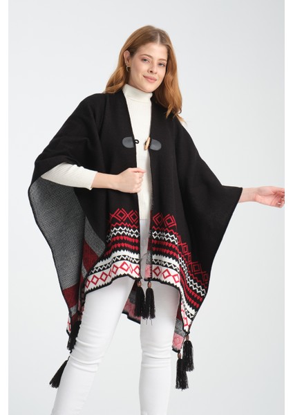 Geometrik Desenli Dokuma Triko Panço, Deri Detaylı Püsküllü Kadın Dış Giyim