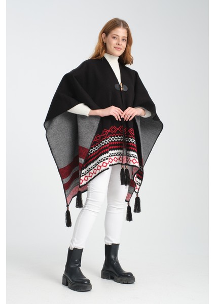 Geometrik Desenli Dokuma Triko Panço, Deri Detaylı Püsküllü Kadın Dış Giyim