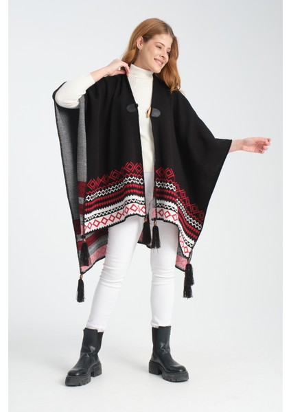 Geometrik Desenli Dokuma Triko Panço, Deri Detaylı Püsküllü Kadın Dış Giyim