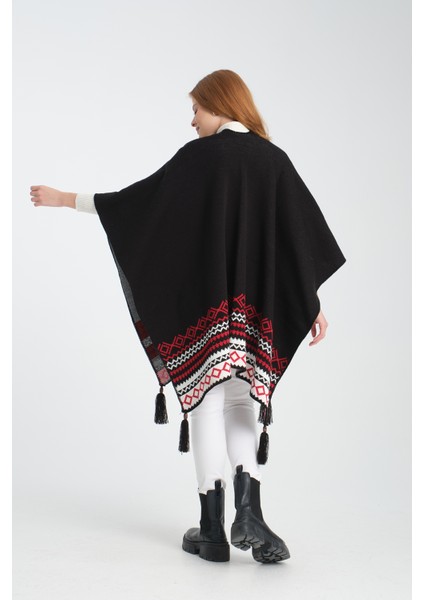 Geometrik Desenli Dokuma Triko Panço, Deri Detaylı Püsküllü Kadın Dış Giyim