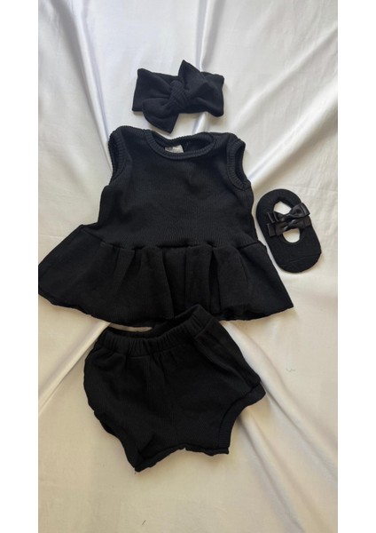 Siyah Ribana Bebek-Çocuk Şort Bluz Bandana Babet Çorap