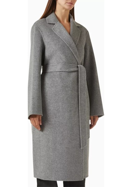 Belted Coat, Merino Yün, Kemerli ve Kimono Kollu Palto, Gri
