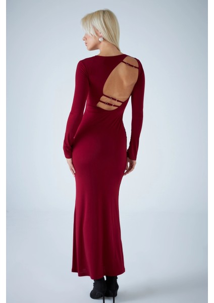 Kadın Bordo Sırt Detaylı Maxi Elbise HO58