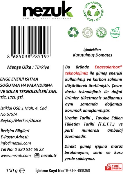 Kurutulmuş Doğal Domates 100G fırsatları