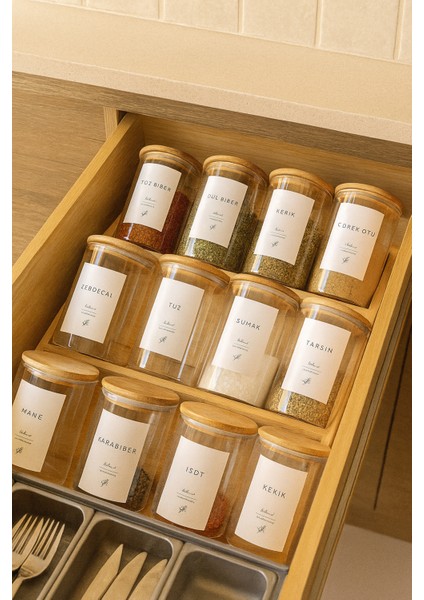 12’li Vakumlu Baharatlık Seti 300 ml – Çekmece Içi & Tezgâh Üstü – Bambu 3 Katlı Merdiven Standlı