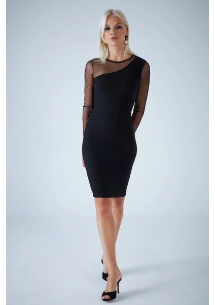 Kadın Siyah Tül Detaylı Midi Elbise ELT3874