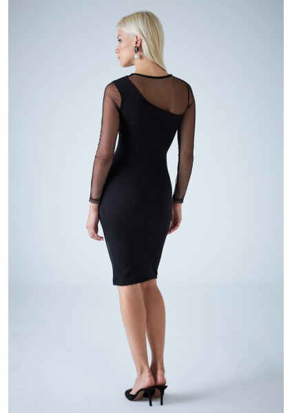 Kadın Siyah Tül Detaylı Midi Elbise ELT3874 fiyatları