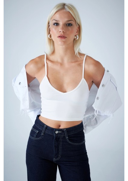 Kadın Beyaz V Yaka Crop Bluz COL1000