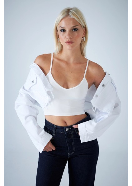 Kadın Beyaz V Yaka Crop Bluz COL1000 fiyatları