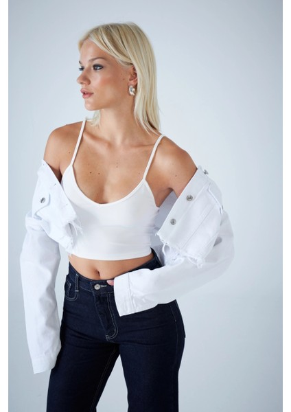 Kadın Beyaz V Yaka Crop Bluz COL1000 modelleri