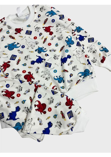 Erkek Çocuk Pamuklu Beyaz Dinozor Araba Desenli Uzun Kollu Mevsimlik Pijama Takımı modelleri