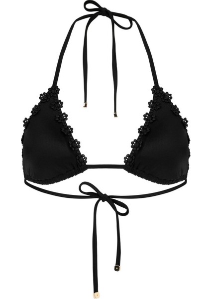 Maiya Siyah Bikini Üstü - Retro Çiçek Detaylı Wet-Look, Ayarlanabilir Üçgen Cup