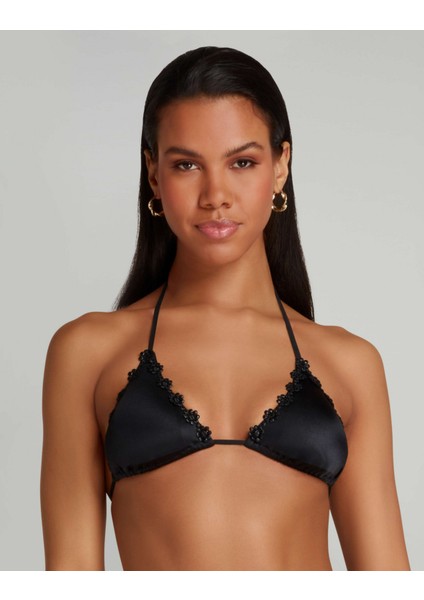 Maiya Siyah Bikini Üstü - Retro Çiçek Detaylı Wet-Look, Ayarlanabilir Üçgen Cup modelleri