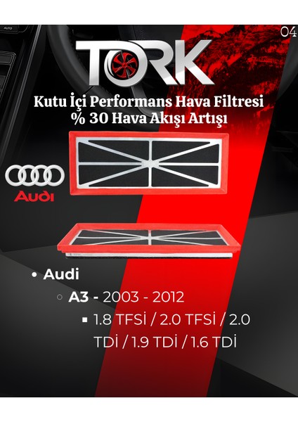 Audi - A3 -(1.6 Tdi-1.9 Tdi-2.0 Tdi-2.0 Tsi) Performans Hava Filtresi-(%30 Hava Akış Artışı)