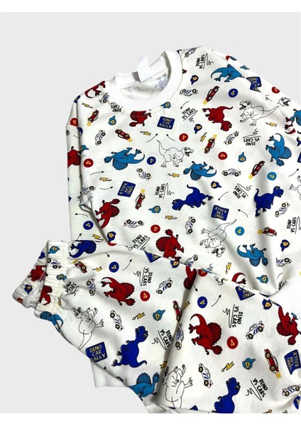 Erkek Çocuk Pamuklu Beyaz Dinozor Araba Desenli Uzun Kollu Mevsimlik Pijama Takımı fırsatları