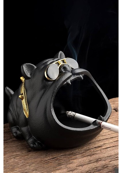 Bulldog Figürlü Siyah Beton Küllük – Köpek Figürlü Dekoratif Kül tablası Biblo Masaüstü Ev Ofis Dekorasyon Küllük Organizer