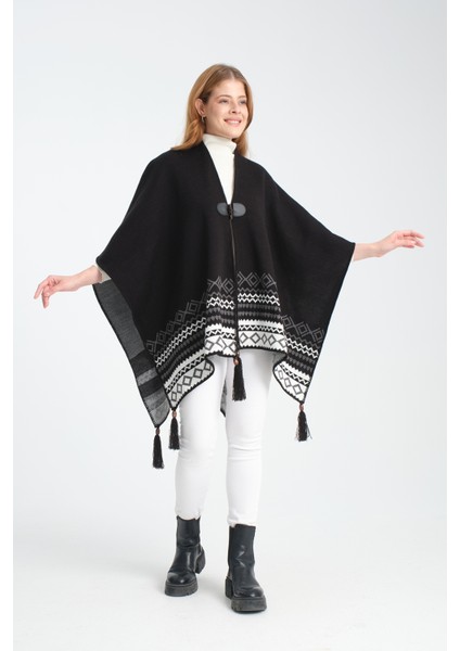 Geometrik Desenli Dokuma Triko Panço, Deri Detaylı Püsküllü Kadın Dış Giyim