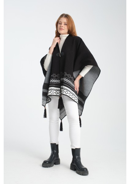 Geometrik Desenli Dokuma Triko Panço, Deri Detaylı Püsküllü Kadın Dış Giyim fiyatları