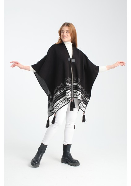 Geometrik Desenli Dokuma Triko Panço, Deri Detaylı Püsküllü Kadın Dış Giyim modelleri