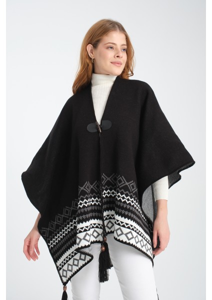 Geometrik Desenli Dokuma Triko Panço, Deri Detaylı Püsküllü Kadın Dış Giyim