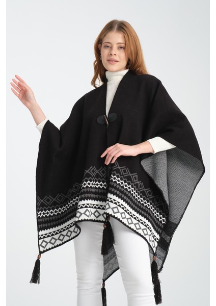 Geometrik Desenli Dokuma Triko Panço, Deri Detaylı Püsküllü Kadın Dış Giyim