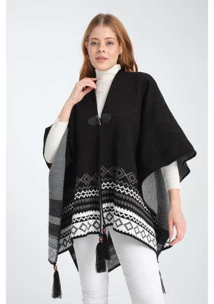 Geometrik Desenli Dokuma Triko Panço, Deri Detaylı Püsküllü Kadın Dış Giyim